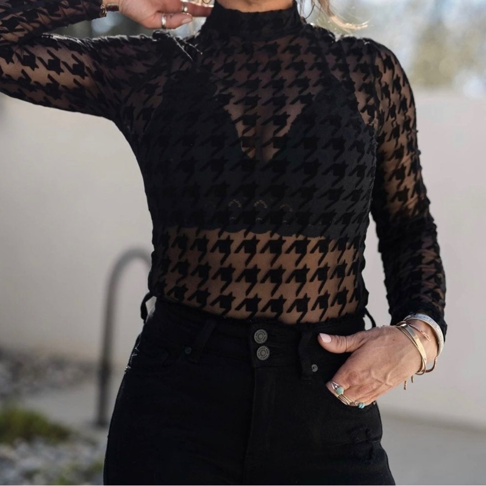 Herringbone black sheer bodysuit